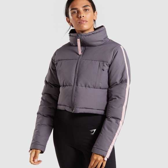Gymshark Grey Oversized Cropped High Neck Full Zip Canvas Puffer Jacket - Picture 1 of 12